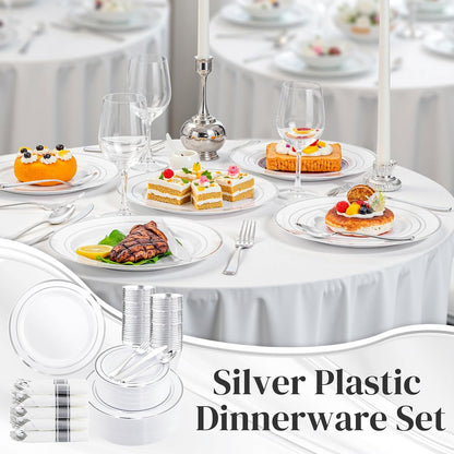 350Piece Silver Plastic Dinnerware Set for 50 Guests - Silver Plastic Plates with Cutlery