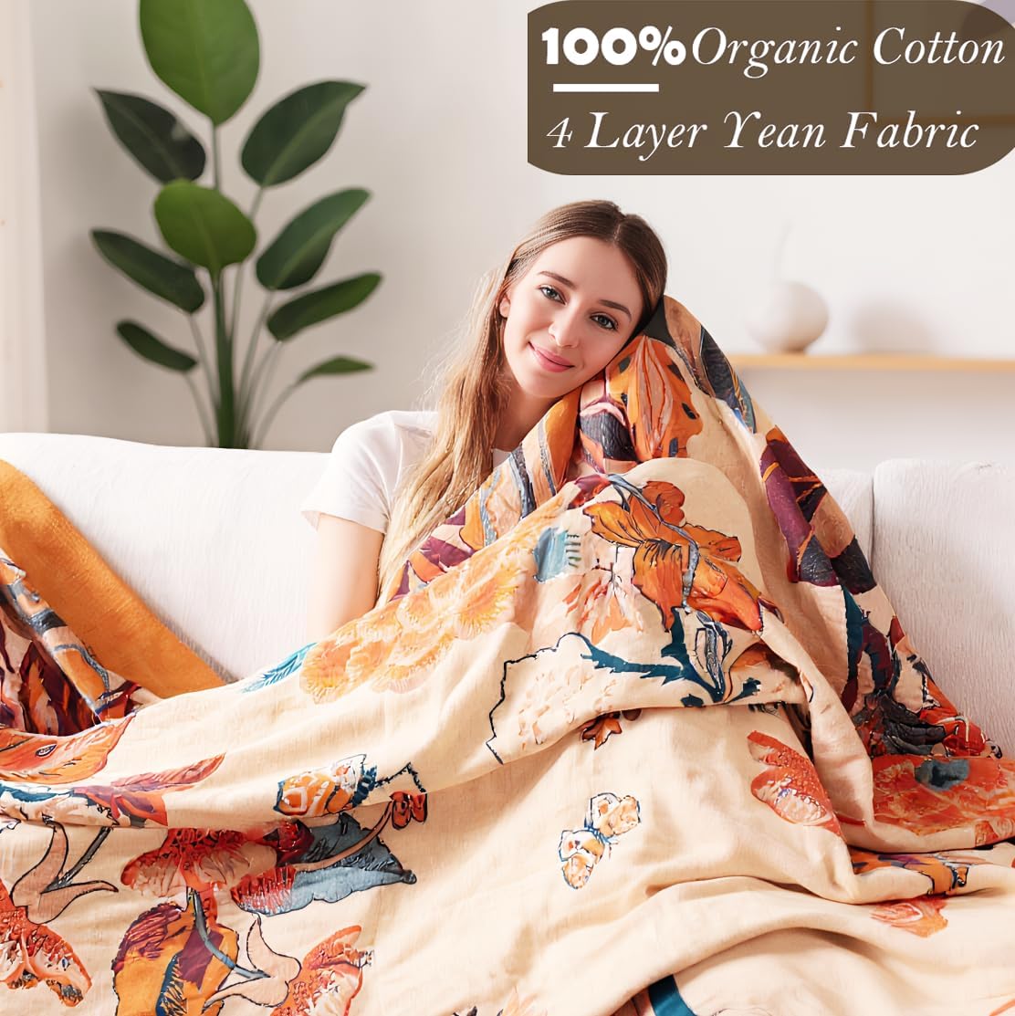 Boho Throw Blanket, 100% Organic Cotton Breathable Soft Lightweight All Season Rustic Bed Throw