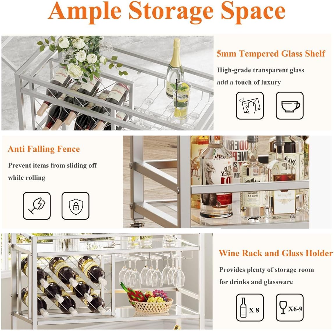 FATORRI Bar Cart Silver, Bar Carts for The Home, Home Bar Serving Carts for Liquor, Rolling Wine