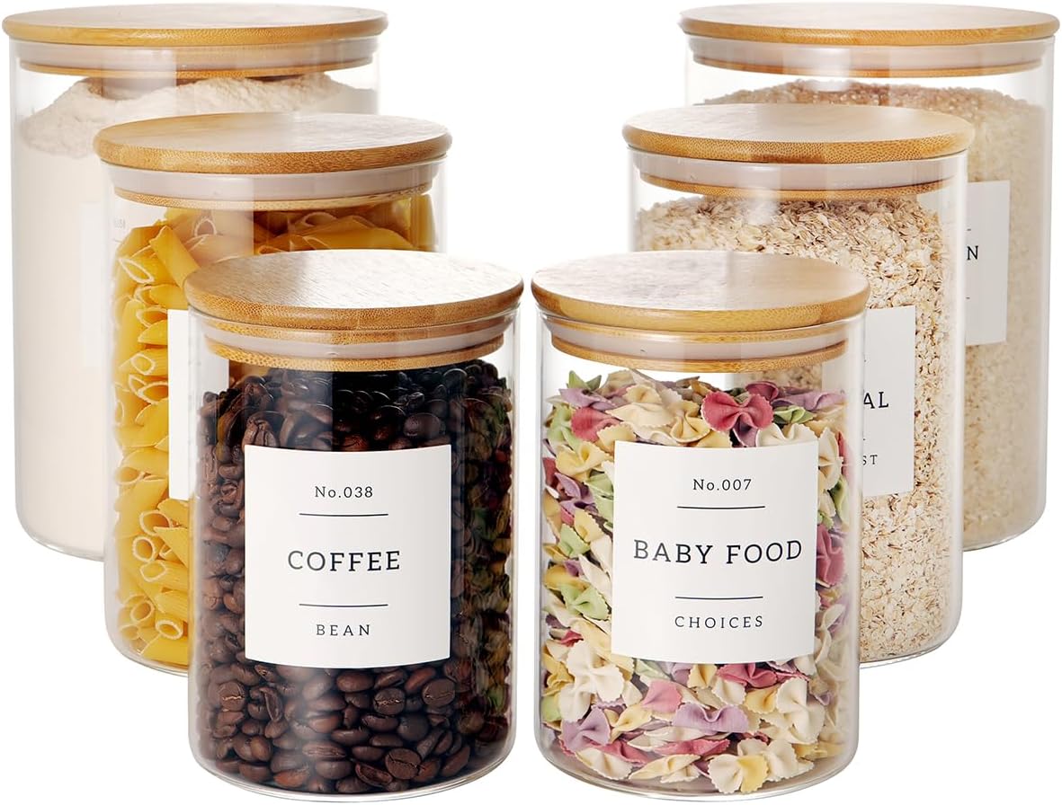 Set of 6 Glass Flour and Sugar jars with 132 Kitchen Pantry Labels - Thicken Large Glass Storage