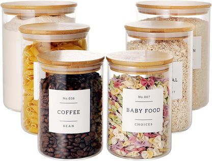 Set of 6 Glass Flour and Sugar jars with 132 Kitchen Pantry Labels - Thicken Large Glass Storage