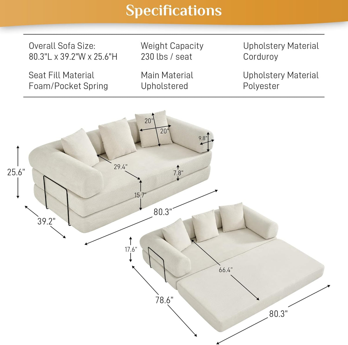 Convertible Sleeper Sofa Bed with Pillow, 4-in-1 Corduroy Folding Mattress Couch with Fixed-Shape