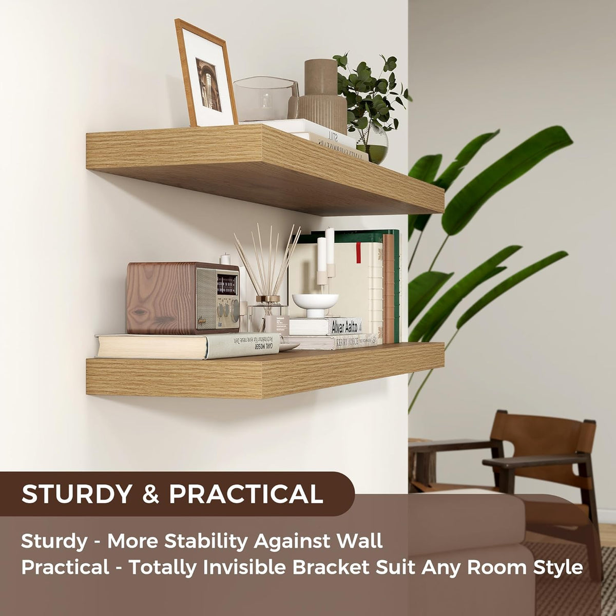 Floating Shelves for Wall, 2 Large Wall Mounted Shelves with Invisible Brackets, Long Wood Floating