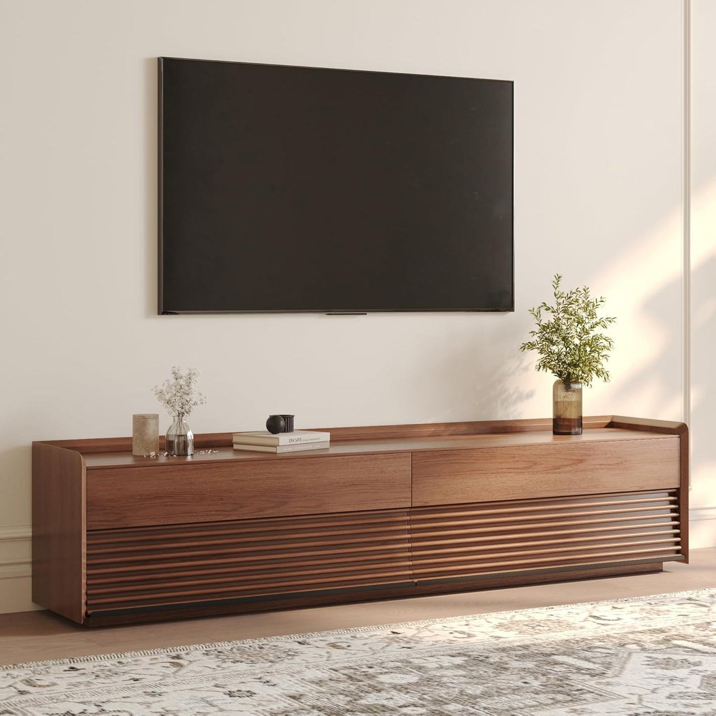 POVISON Fully-Assembled Mid Century Modern TV Stand, 78.74" Wood Media Console with Adjustable LED