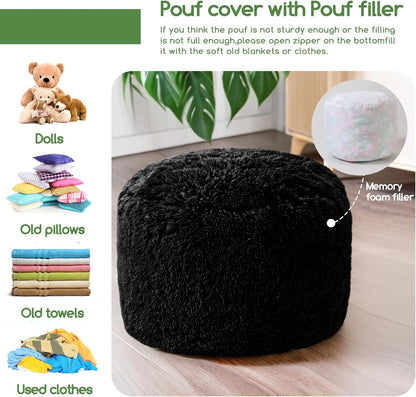 HIGOGOGO Round Stuffed Pouf Ottoman, Long Faux Fur Poufs with Foam Chunk Filling, Fluffy and Furry