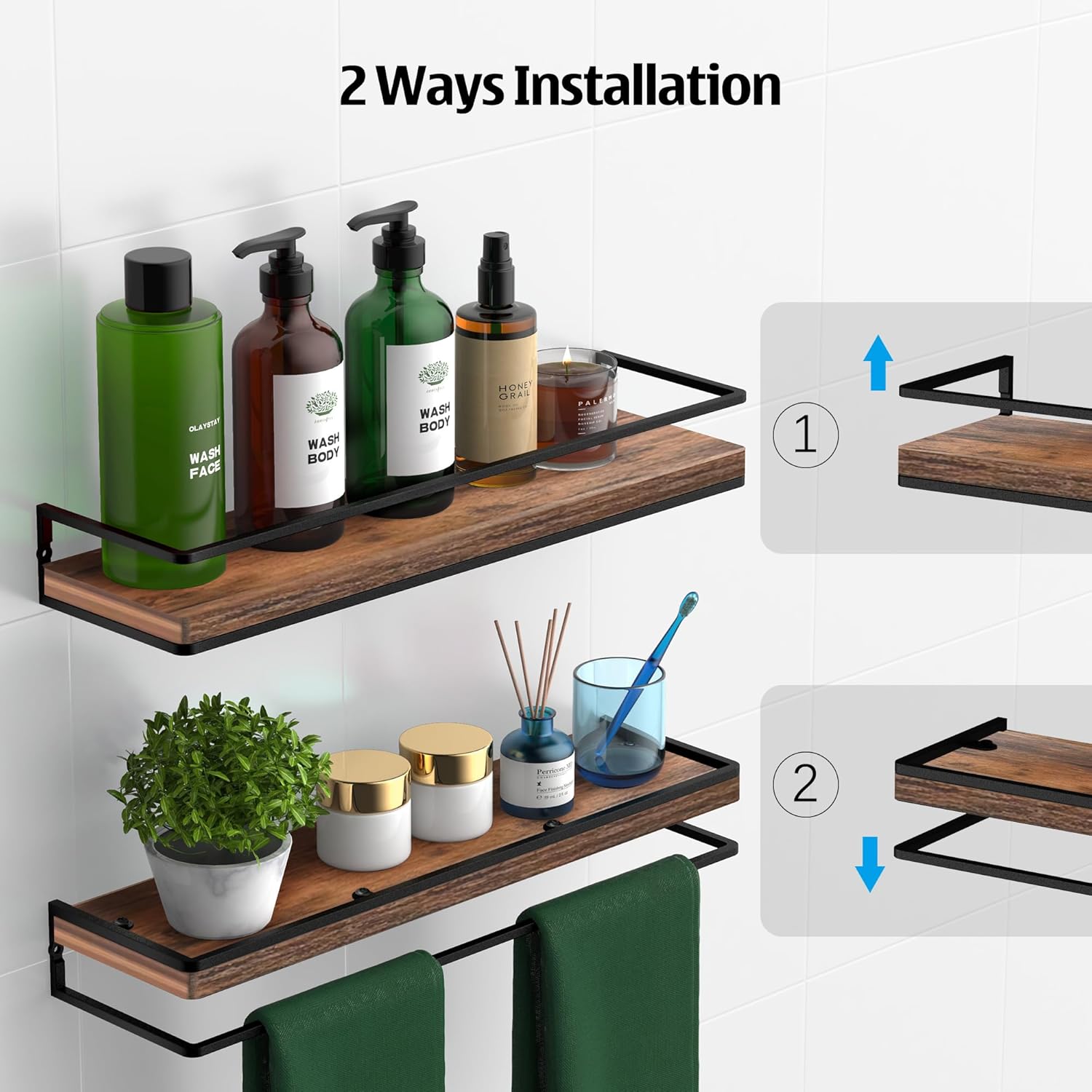 Meangood Floating Shelves Wall Mounted Set of 2, Rustic Wood Wall Storage Shelves for