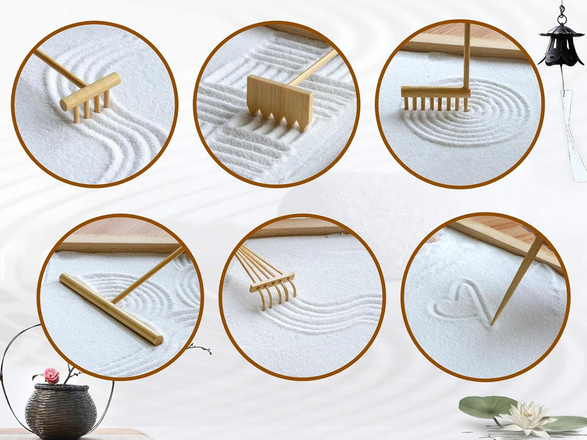 Mini Zen Garden Rake Set 6PCS - Premium Natural Bamboo Sand Rakes with Gift Box - Zen Garden Tools