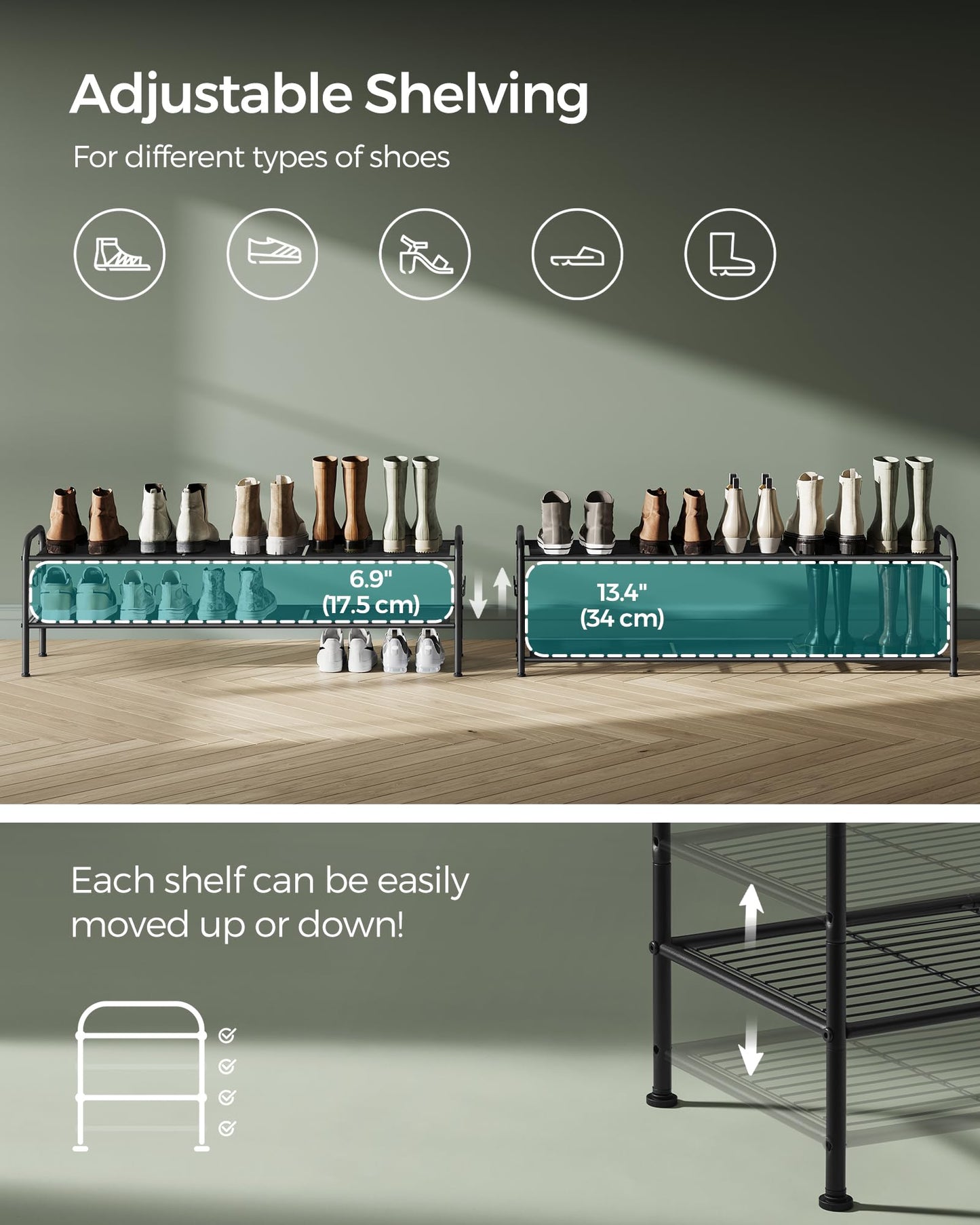 SONGMICS Shoe Rack, 2-Tier Shoe Organizer, Metal Shoe Shelf Storage with 4 Side Hooks, Holds 18