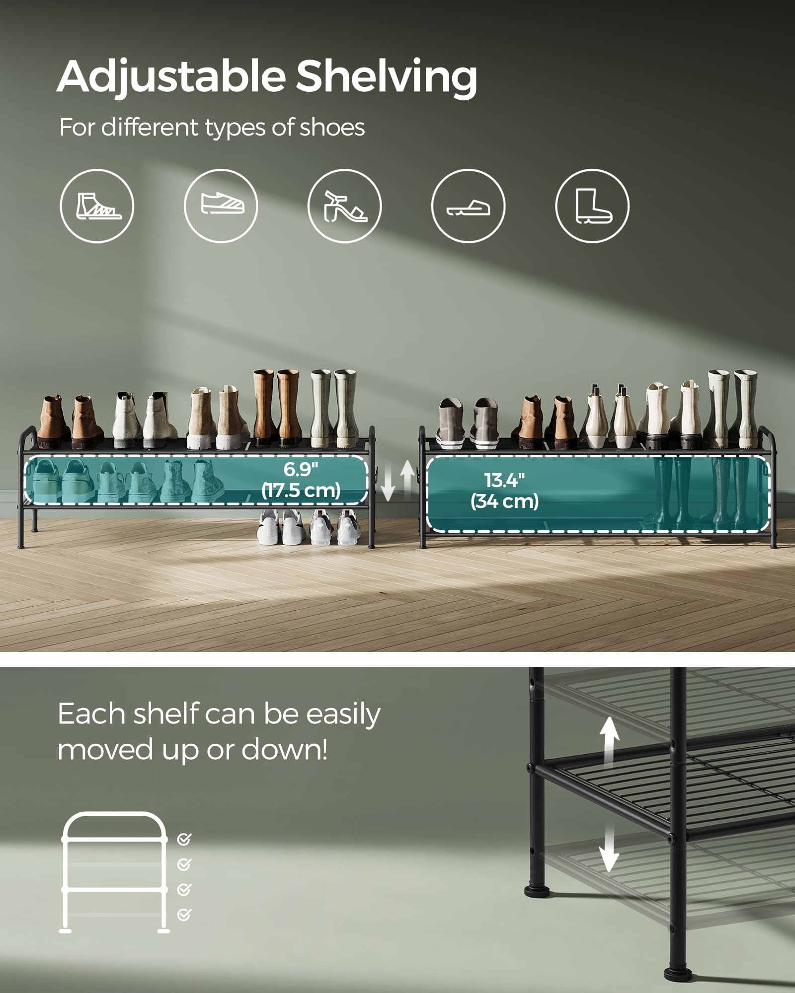 SONGMICS Shoe Rack, 2-Tier Shoe Organizer, Metal Shoe Shelf Storage with 4 Side Hooks, Holds 18