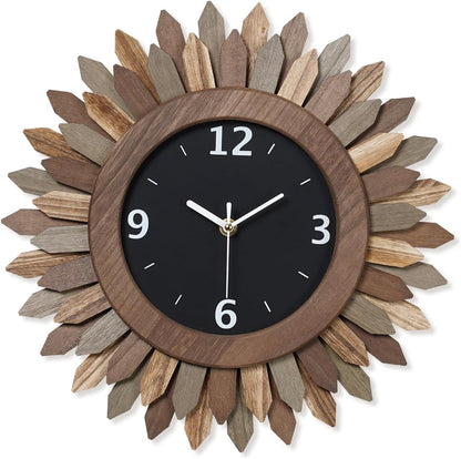Honiway 14 Inch Wall Clock, Rustic Wood Boho Sunburst Decorative Wall Clocks Battery Operated