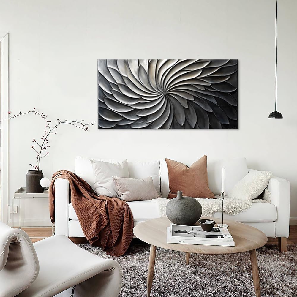 LASMOND Abstract Black and White Wall Art for Living Room Modern Canvas Print Painting Lines Flower