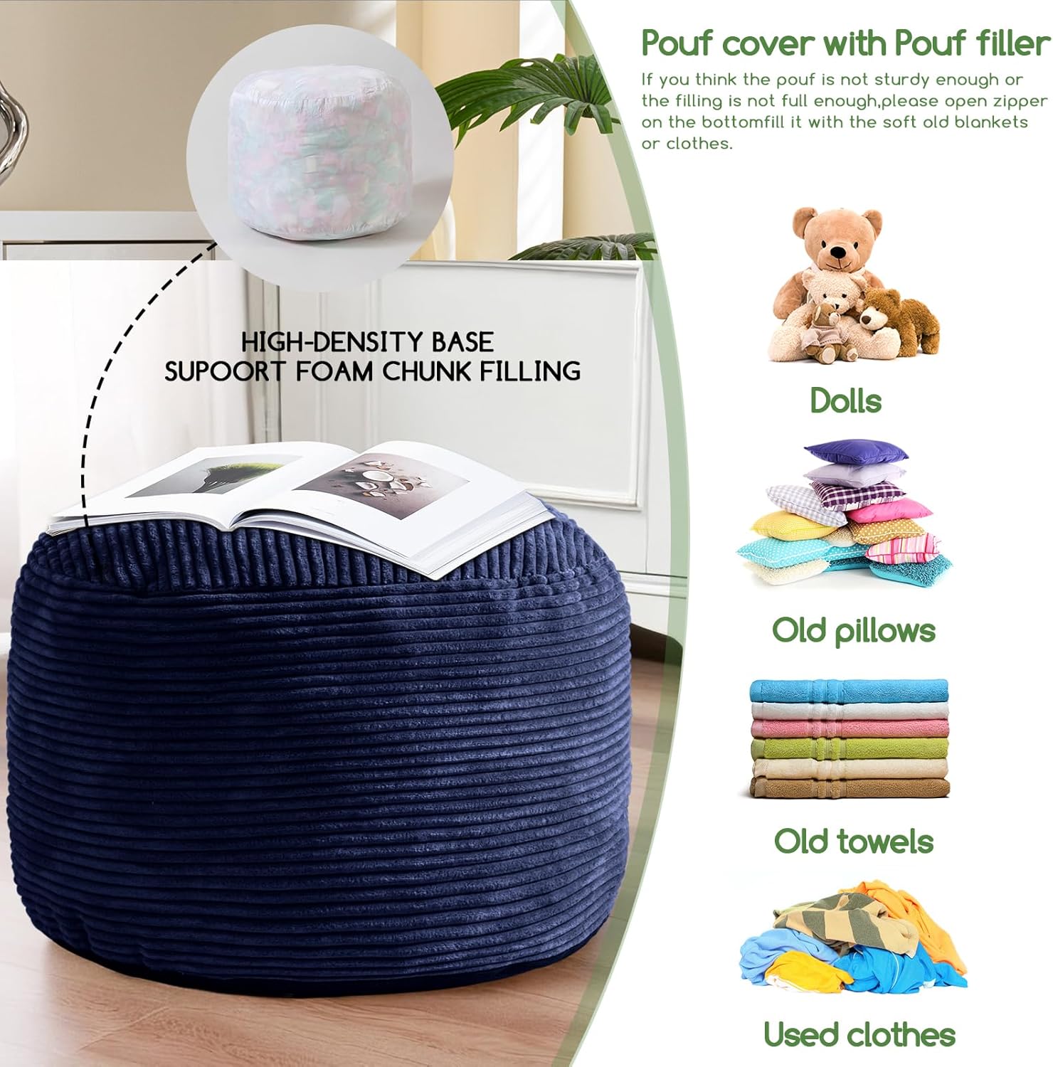 HIGOGOGO Round Stuffed Pouf Ottoman, Corduroy Poufs with Foam Chunk Filling, Furry and Fluffy Pouf