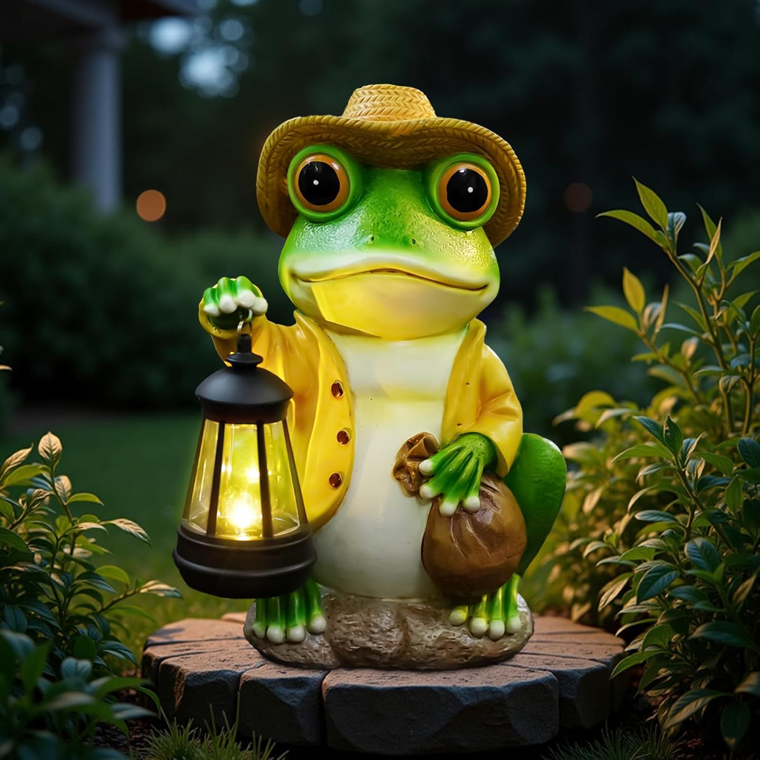 Solar Garden Outdoor Frog Statue 10 inches Tall - with Handheld Lanterns - Detachable - Patio