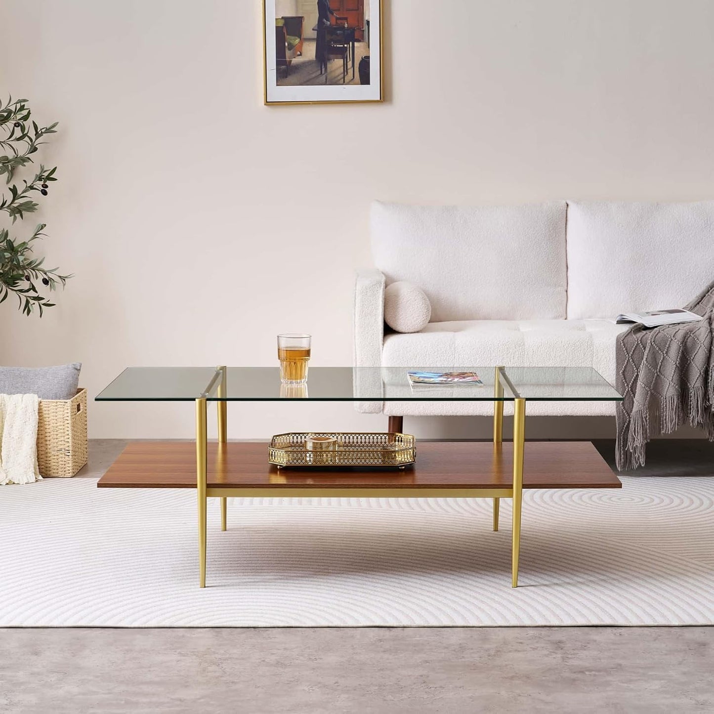 X-Large Rectangle Glass Coffee Table, Mid-Century Modern Design, for Living Room, L47 x W24 x H17