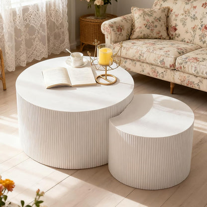 Round Nesting Coffee Table White Round Fluted Coffee Table Set of 2 for Living Room Small Circle