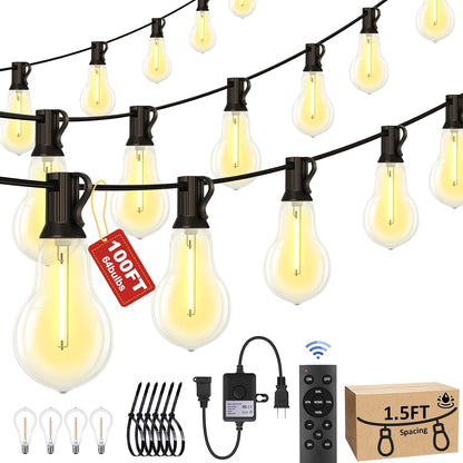 100FT Outdoor String Lights Waterproof with 64+4 Bulbs (1.5FT Bulbs Spacing), Remote & Dimmer