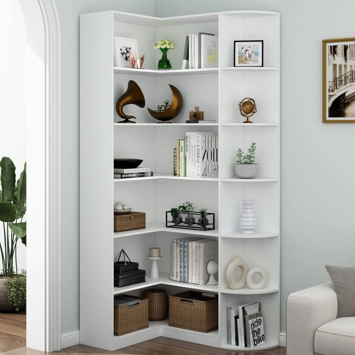 Loomie White Book Shelf, 6 Tiers Shelf Large Tall Corner Etagere Bookcase with Full Baffle