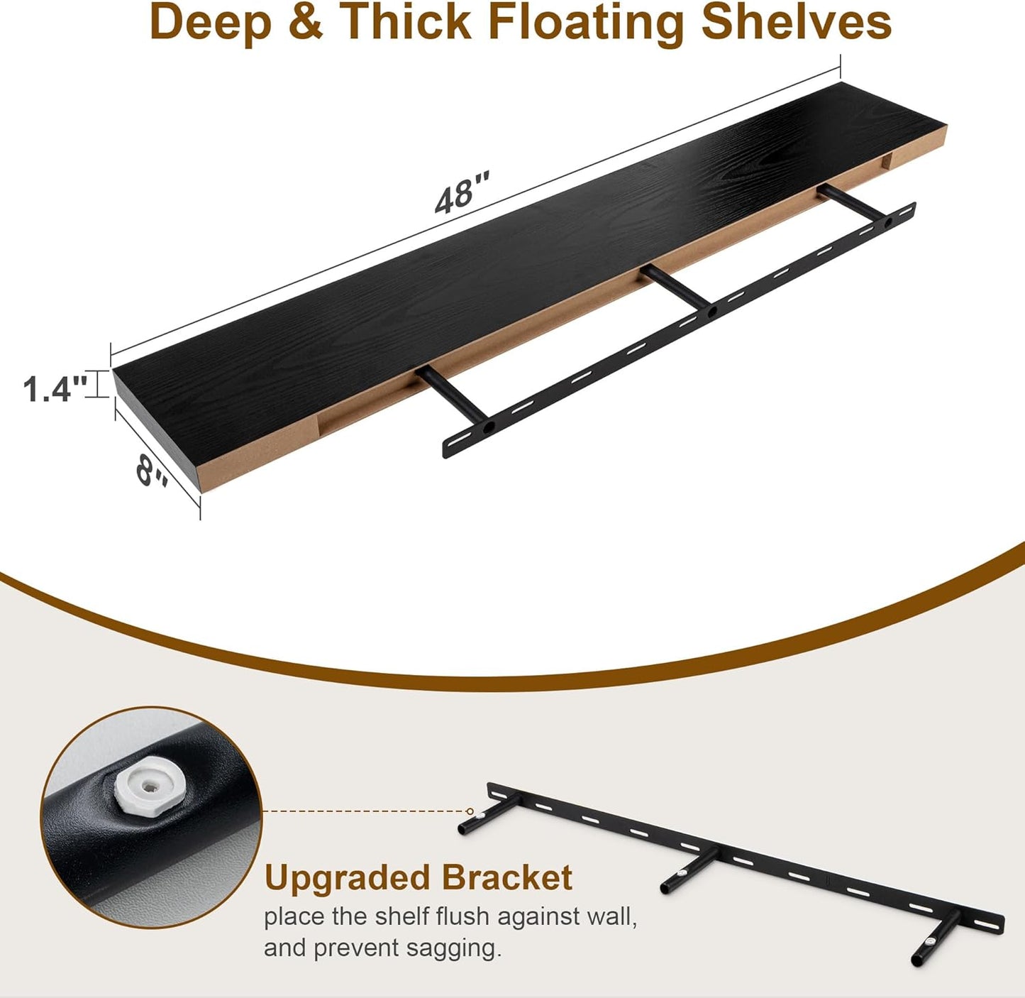 Black Floating Shelves 48 Inch Long, 8 Deep Floating Shelves for Wall, Rustic 48" Long Fireplace