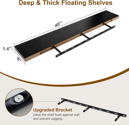 Black Floating Shelves 48 Inch Long, 8 Deep Floating Shelves for Wall, Rustic 48" Long Fireplace
