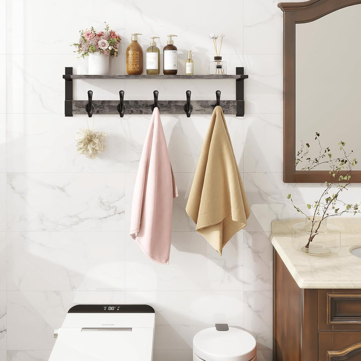 Homode Coat Rack Wall Mount with Shelf, 29 Inch Wood Wall Shelf with Hooks, Entryway Coat Hanger