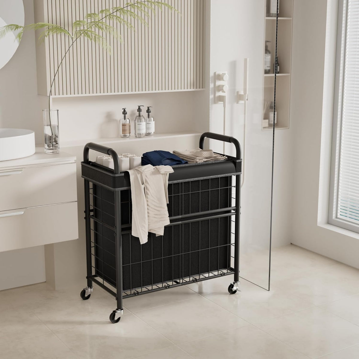Laundry Hamper 3 Section, 145L Rolling Laundry Sorter Basket with Wheels, 3 Compartment Clothes