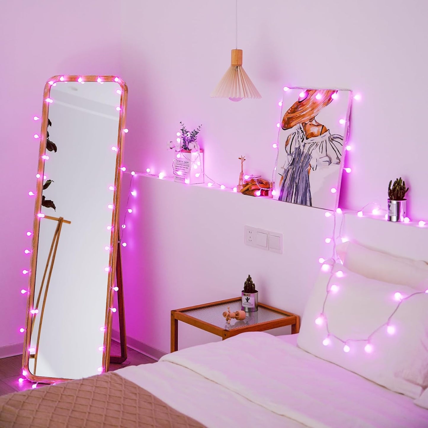 JMEXSUSS 100 LED Pink String Lights Indoor, Connectable Globe String Lights Plug in, 8 Modes 33ft