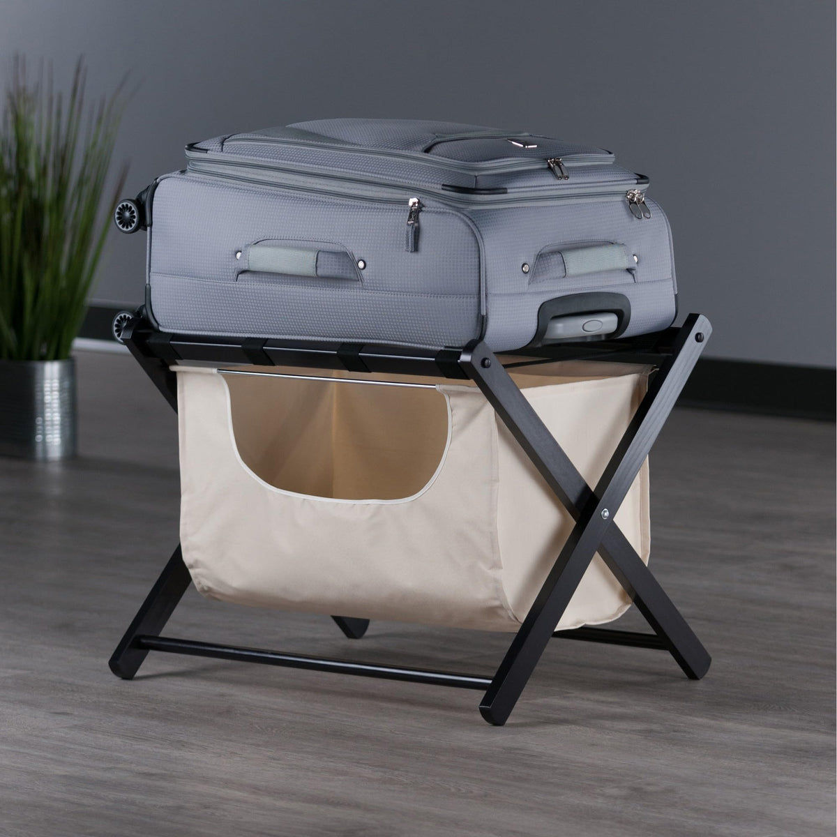 Winsome 92535 Dora Wood Foldable Luggage Rack With Removable Fabric Basket, Espresso