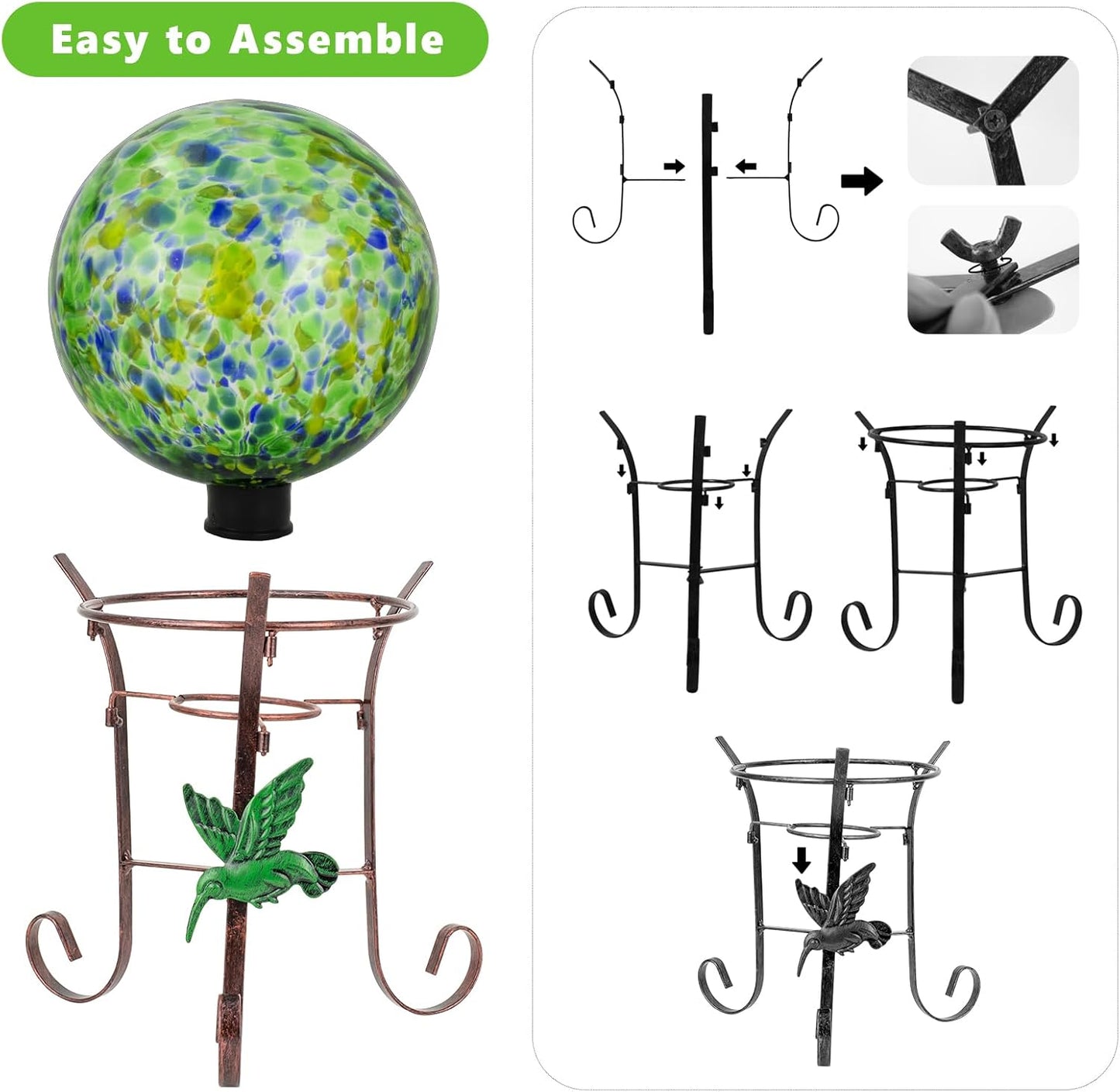 10 Inch Glass Gazing Ball, with 9.4" Tall Metal Gazing Globe Stand, Glass Balls Display Holder Set
