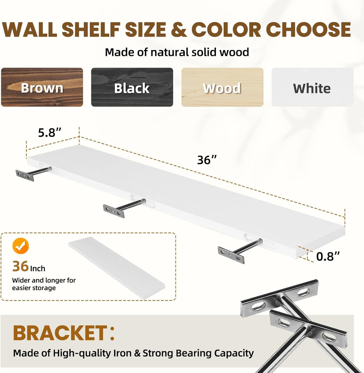Floating Wall Shelves 2-Pack - 36-Inch Rustic White Wooden Shelves for Storage and Décor, Easy