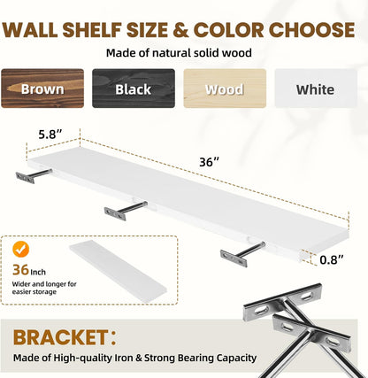 Floating Wall Shelves 2-Pack - 36-Inch Rustic White Wooden Shelves for Storage and Décor, Easy