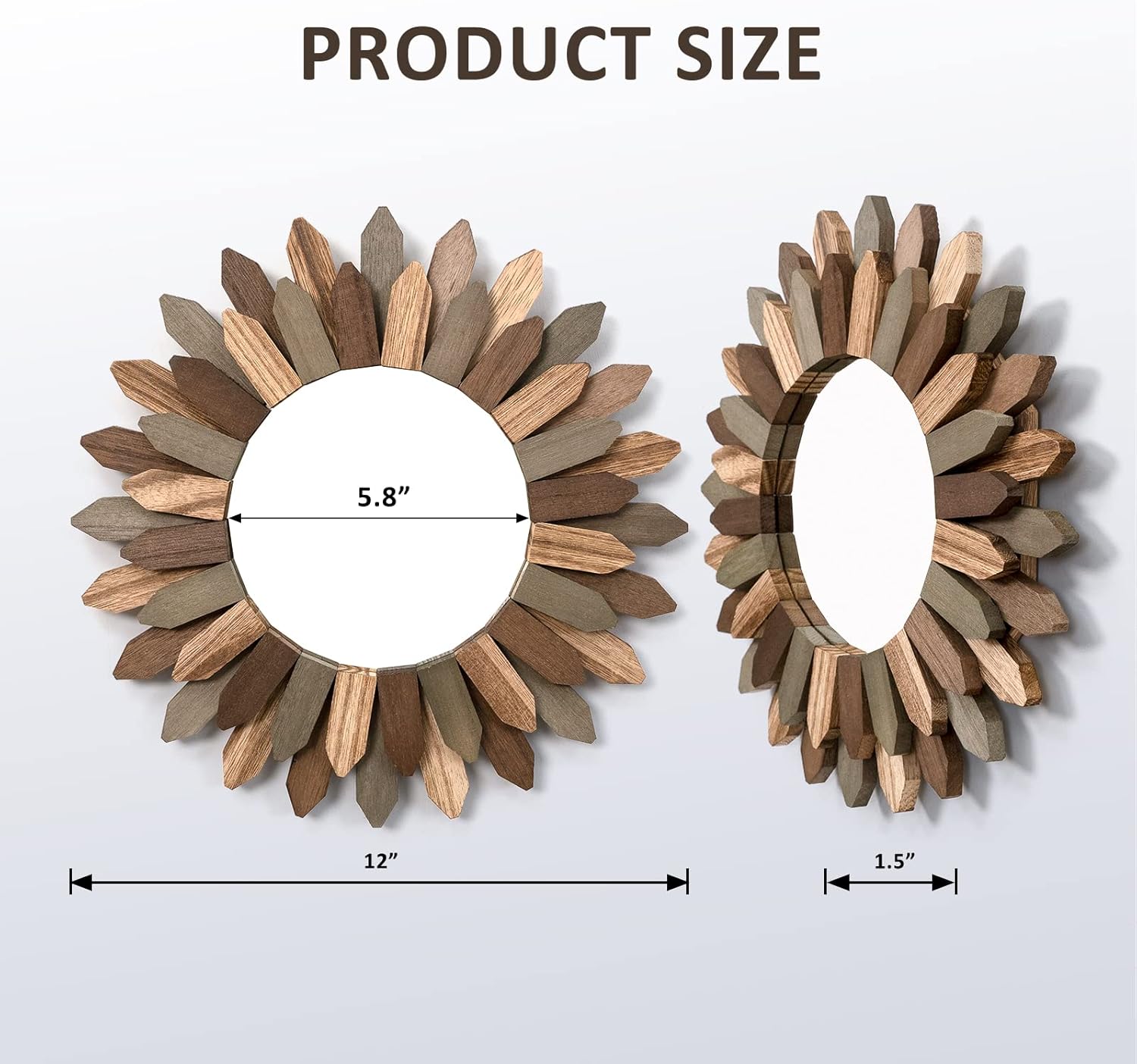 Honiway Boho Wall Decor Mirror 2 Pack 12 inch Rustic Wood Decorative Mirror for Room Decor Rustic