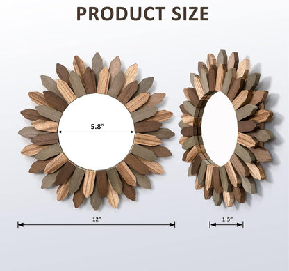 Honiway Boho Wall Decor Mirror 2 Pack 12 inch Rustic Wood Decorative Mirror for Room Decor Rustic