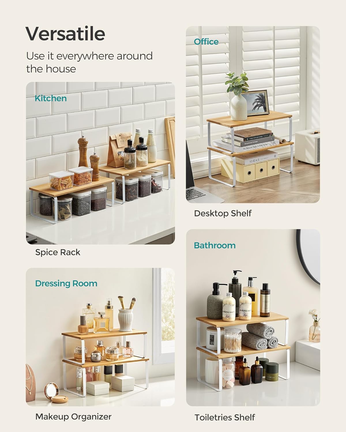 SONGMICS Cabinet Organizer Shelf, Set of 2 Kitchen Counter Shelves, Kitchen Storage, Spice Rack