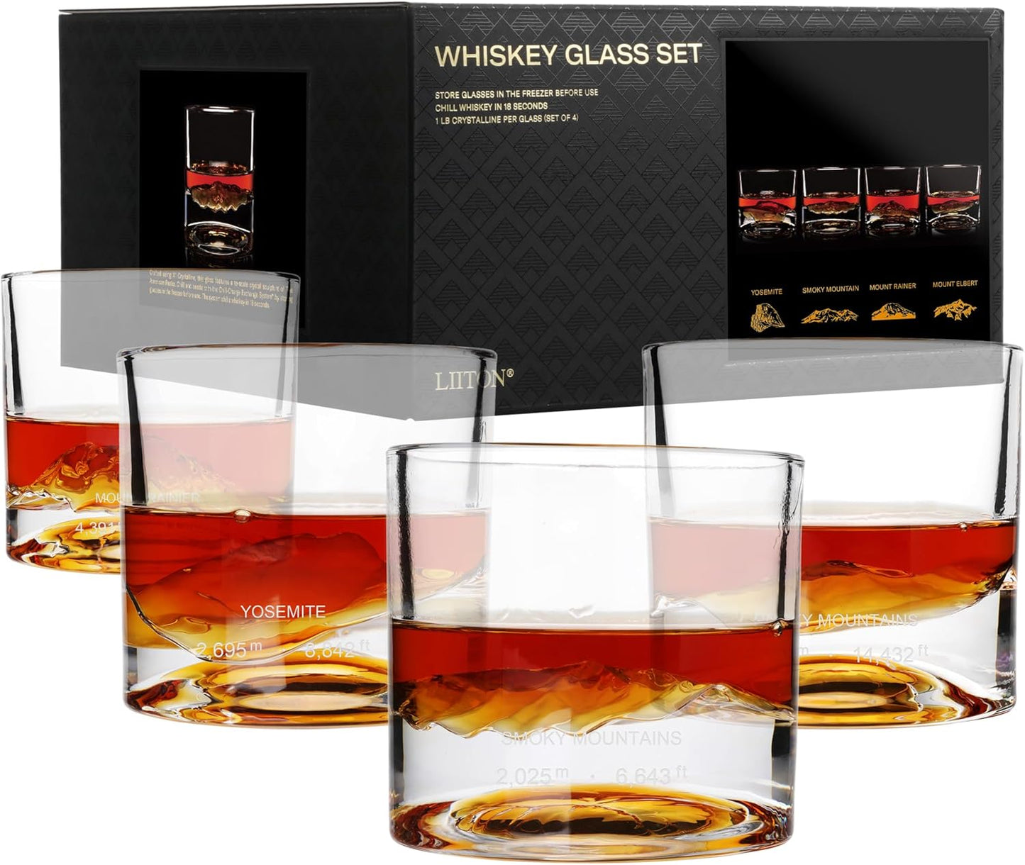 American Peaks Heavy Crystal Whiskey Glasses Gift Set of 4, Thick Freezable Bourbon Glass 1lb Each