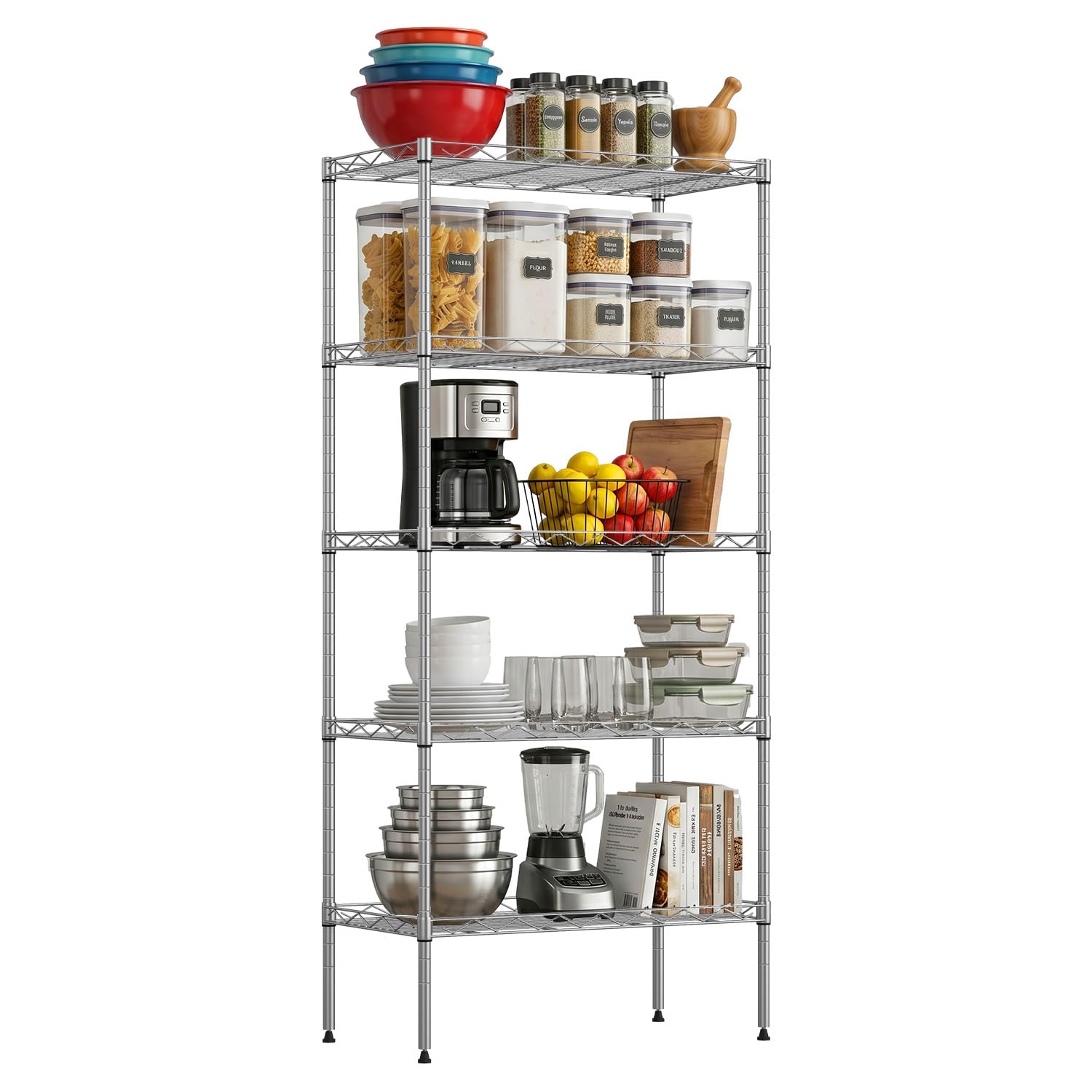 FDW 5 Tier 22L x 12W x 48H Pantry Shelves Adjustable Metal Shelves NSF Storage Rack Shelving Units
