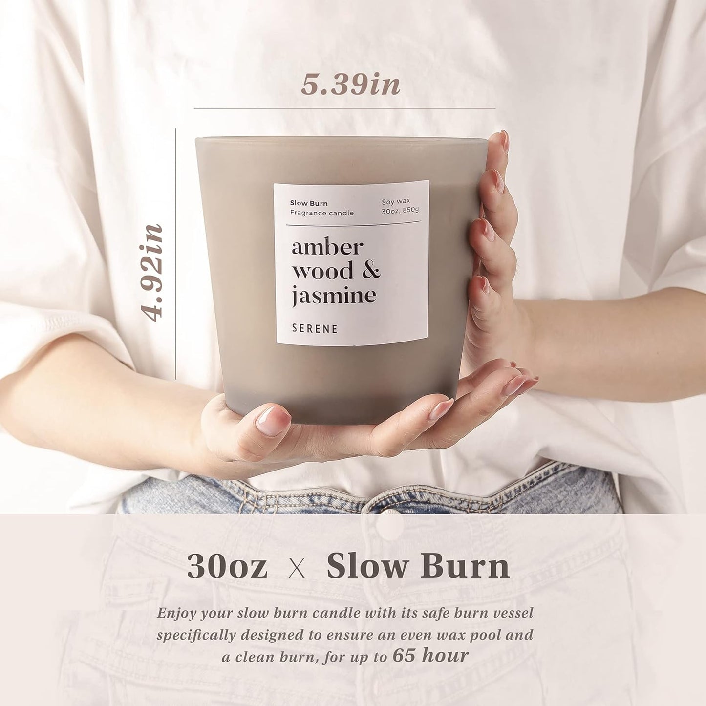 Hidden Label Large Scented Candle, Amber Wood & Jasmine, 30oz 3 Wick Huge Candle, Serene Collection
