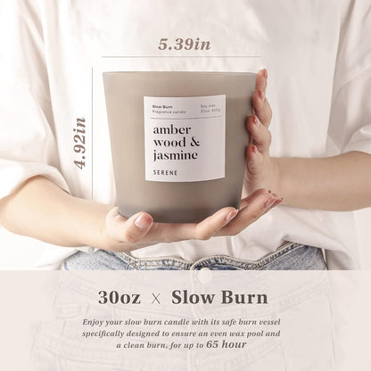 Hidden Label Large Scented Candle, Amber Wood & Jasmine, 30oz 3 Wick Huge Candle, Serene Collection