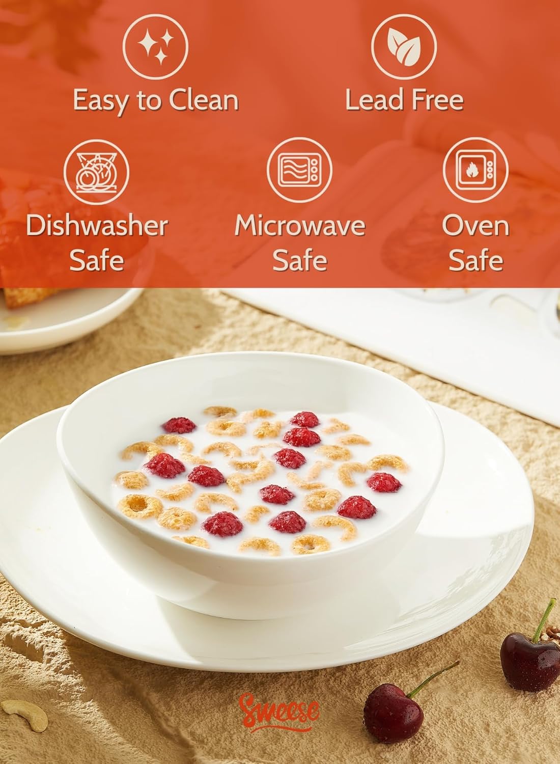Sweese 7 Inch Porcelain 28 oz Bowls Set of 6, for Soup | Cereal | Pasta | Salad | Ramen |