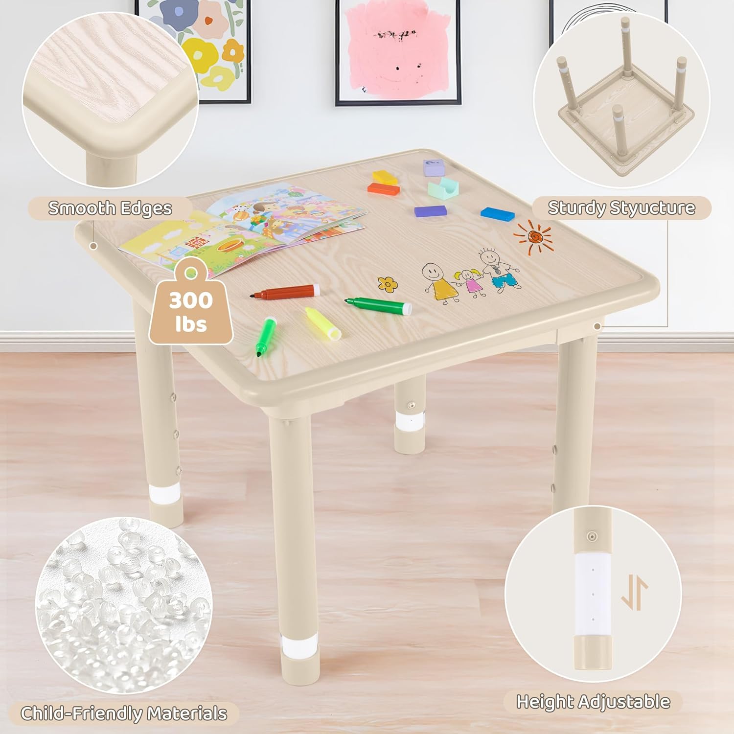 Kids Table and 2 Chairs Set, Height Adjustable (17.7"-26.1") Toddler Table and Chair Set