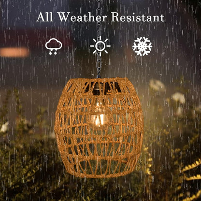 Livinlarge Boho Pendant Solar Light Rustic Hand-Woven Rattan Chandelier Coastal Retro Lamp Wedding