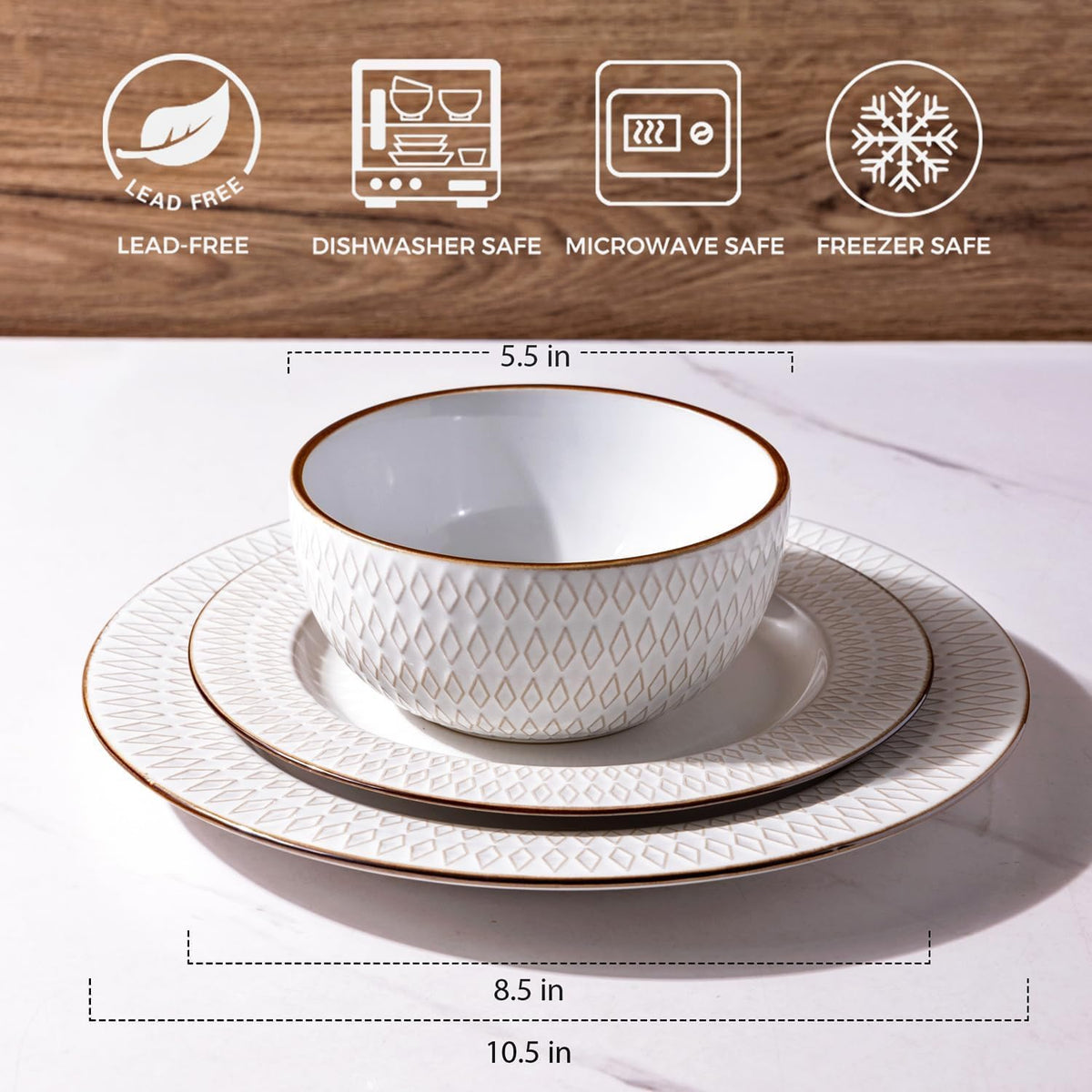 GBHOME Ceramic Dinnerware Sets,12 pcs Embossed Elegant Stoneware Plates and Bowls Sets