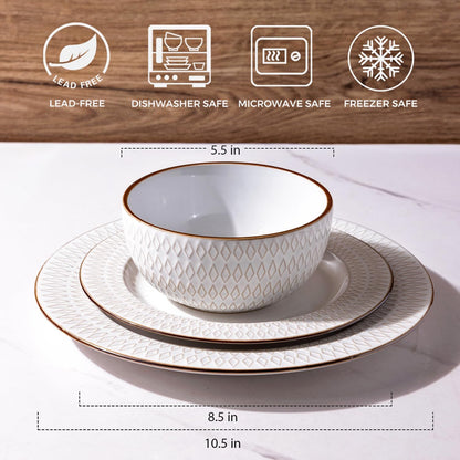 GBHOME Ceramic Dinnerware Sets,12 pcs Embossed Elegant Stoneware Plates and Bowls Sets
