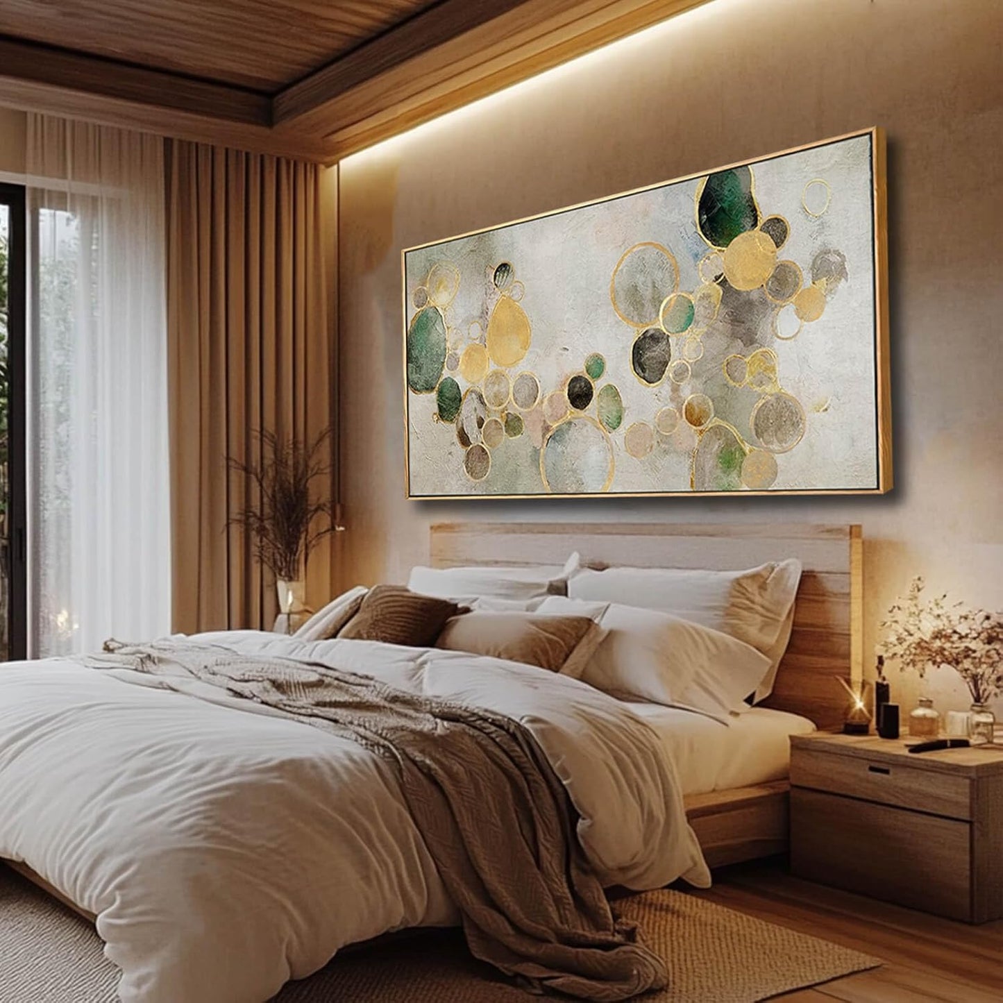 Abstract Canvas Wall Art Gold Circle Painting Green Artwork Framed Wall Prints 29"x 58" Office Wall