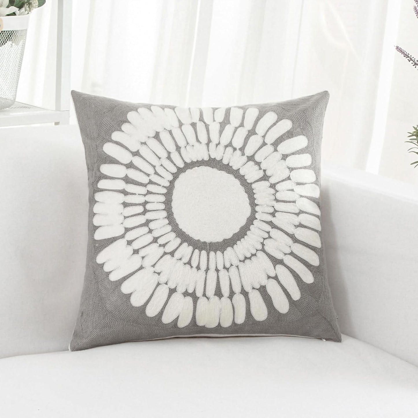 HWY 50 Grey Gray Decorative Throw Pillow Covers 18x18 Inch (1 Piece), Modern Embroidered Cotton