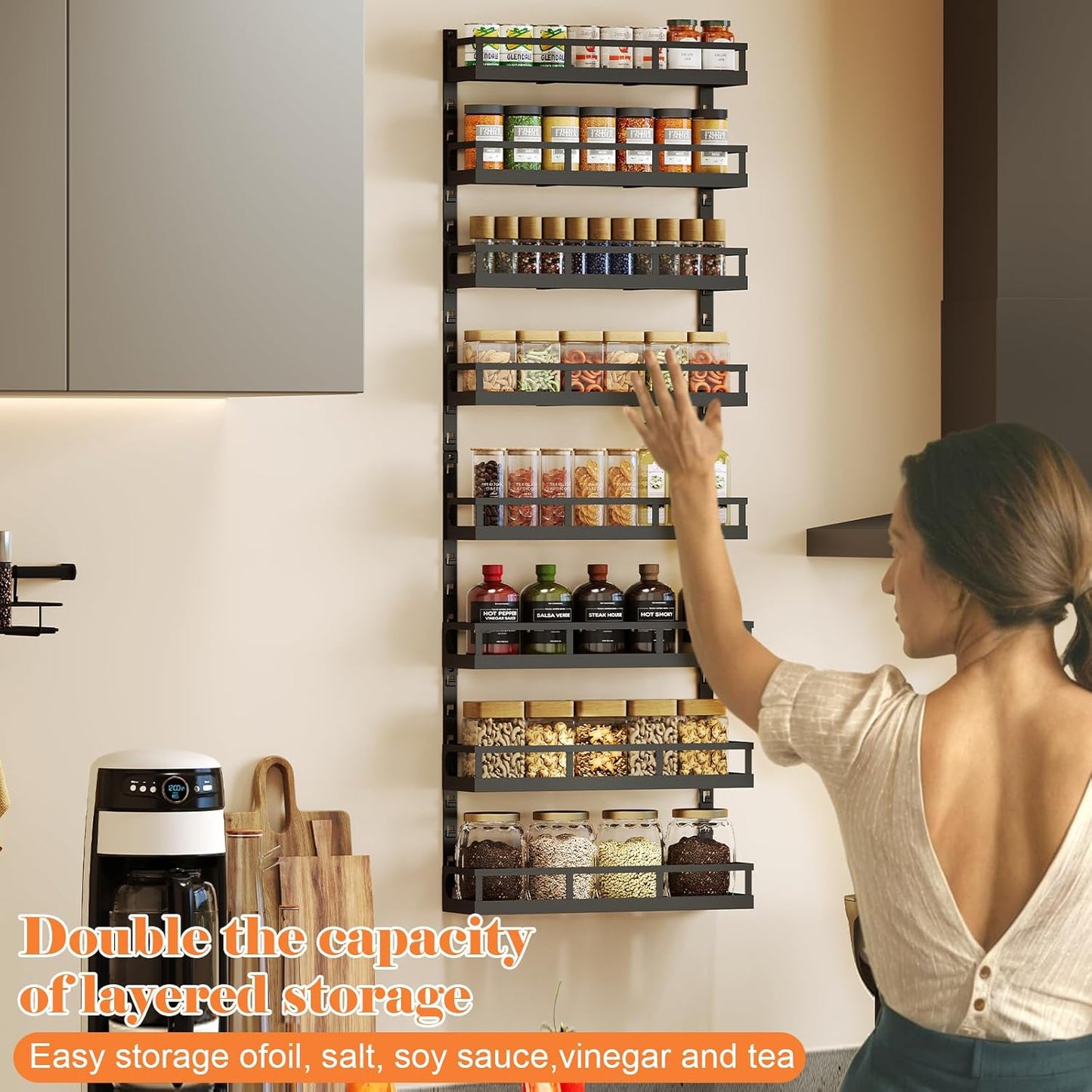 X-cosrack 8-Tier Adjustable Spice Rack – Wall-Mounted Space-Saving Organizer with Mixed Baskets