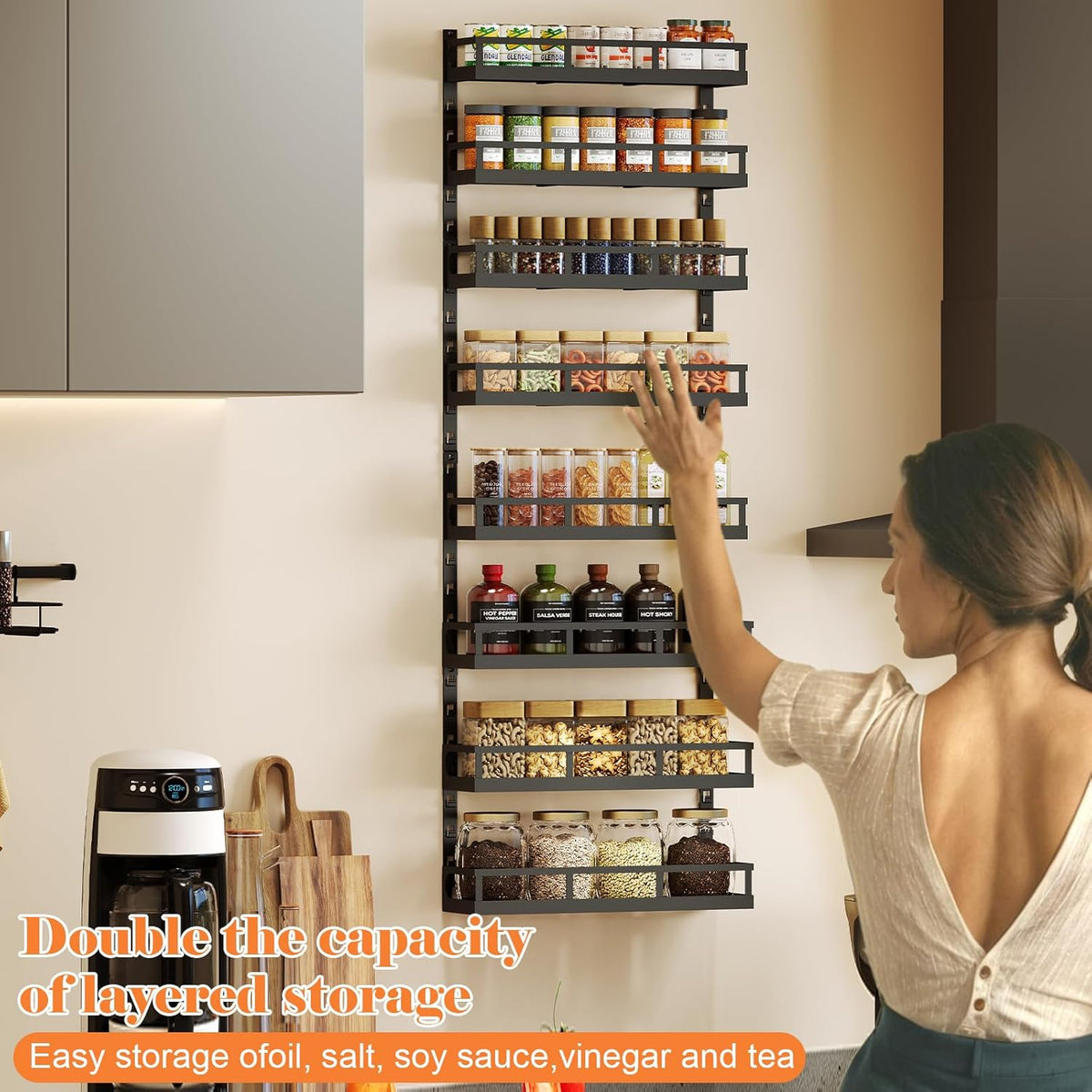 X-cosrack 8-Tier Adjustable Spice Rack – Wall-Mounted Space-Saving Organizer with Mixed Baskets