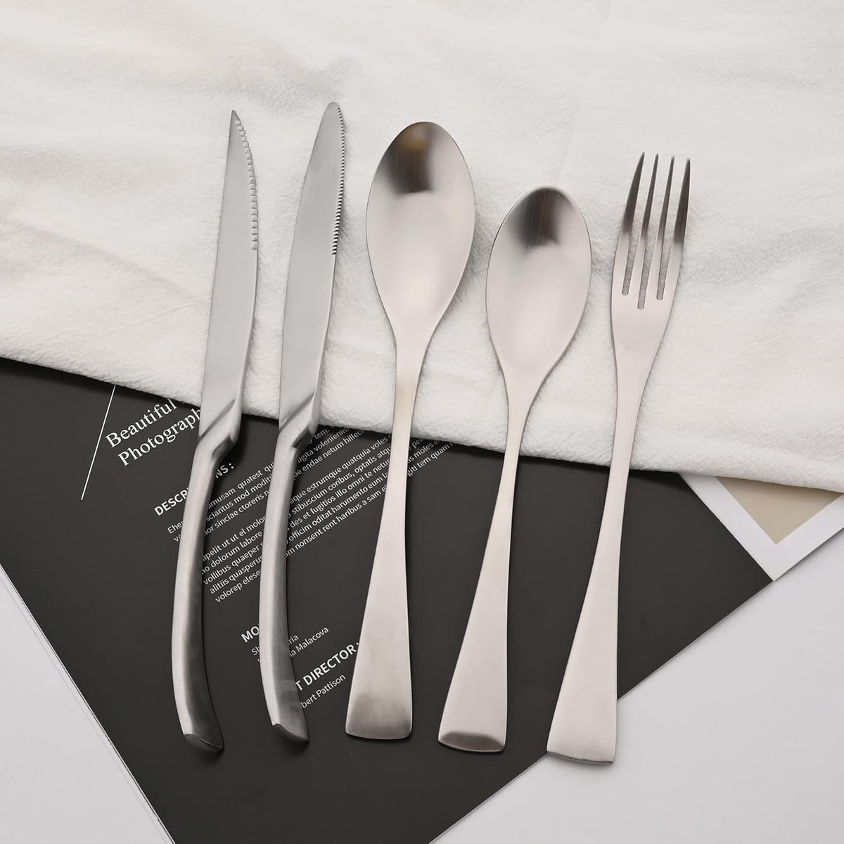 Luxury 304 Stainless Steel Matte Silver Cutlery Flatware Set - Utensil Set Steak Spoons and Forks
