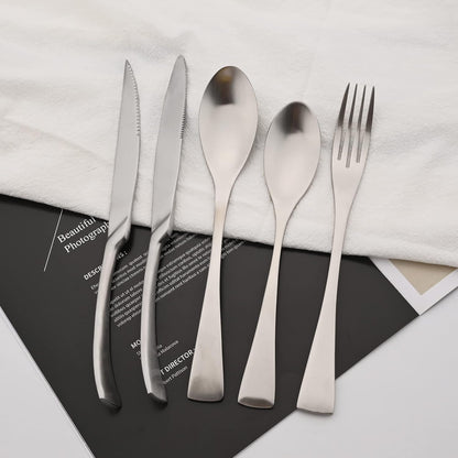 Luxury 304 Stainless Steel Matte Silver Cutlery Flatware Set - Utensil Set Steak Spoons and Forks