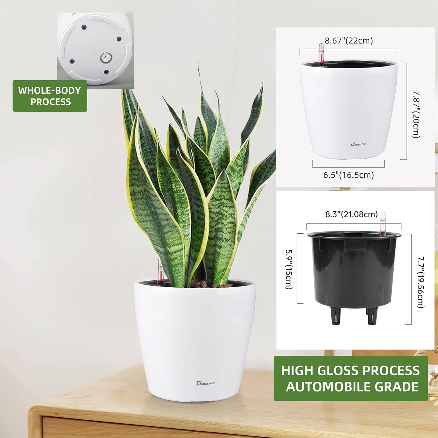 Dexceder 9x8 Inches High Gloss Self Watering Planter Indoor Outdoor, Inner Pot Design, Thickened