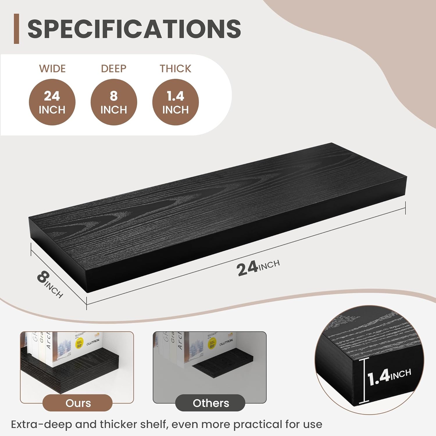 24 Inch Floating Shelves, 8 Inch Deep Floating Shelves for Wall, Hanging Shelf with Invisible